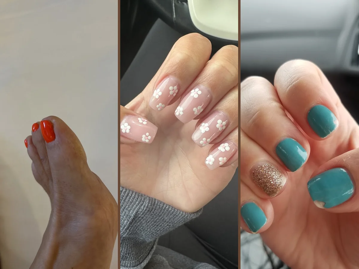 Manicured nails displayed in a salon setting.