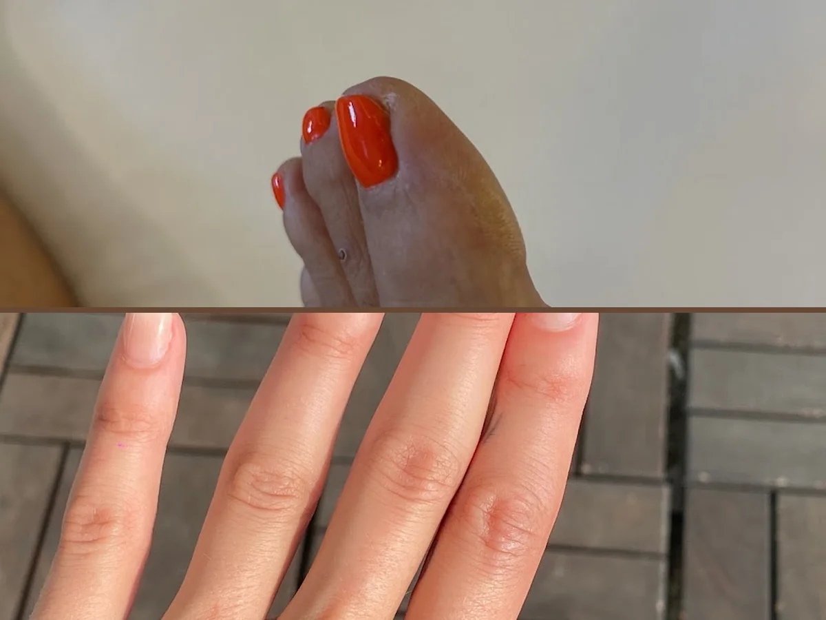 Close-up of polished nails and tools.
