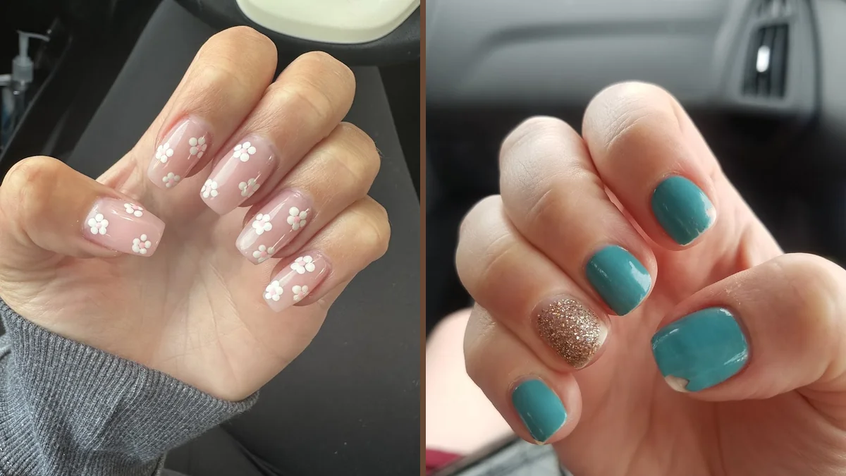 Manicured nails displayed in a salon setting.